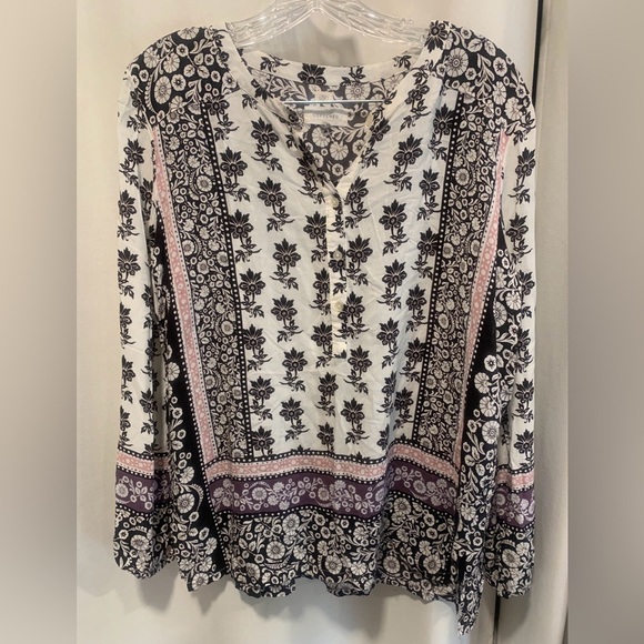 LOFT Women's Tunic, 5-Button Front, Black & White Floral w/Pink Border; Size S - Picture 2 of 8